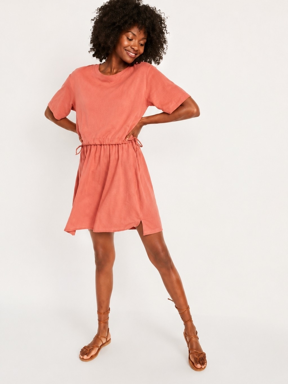 Old Navy Coral Drawstring Waist Short Sleeve Dress Size XS Peach Rose Color